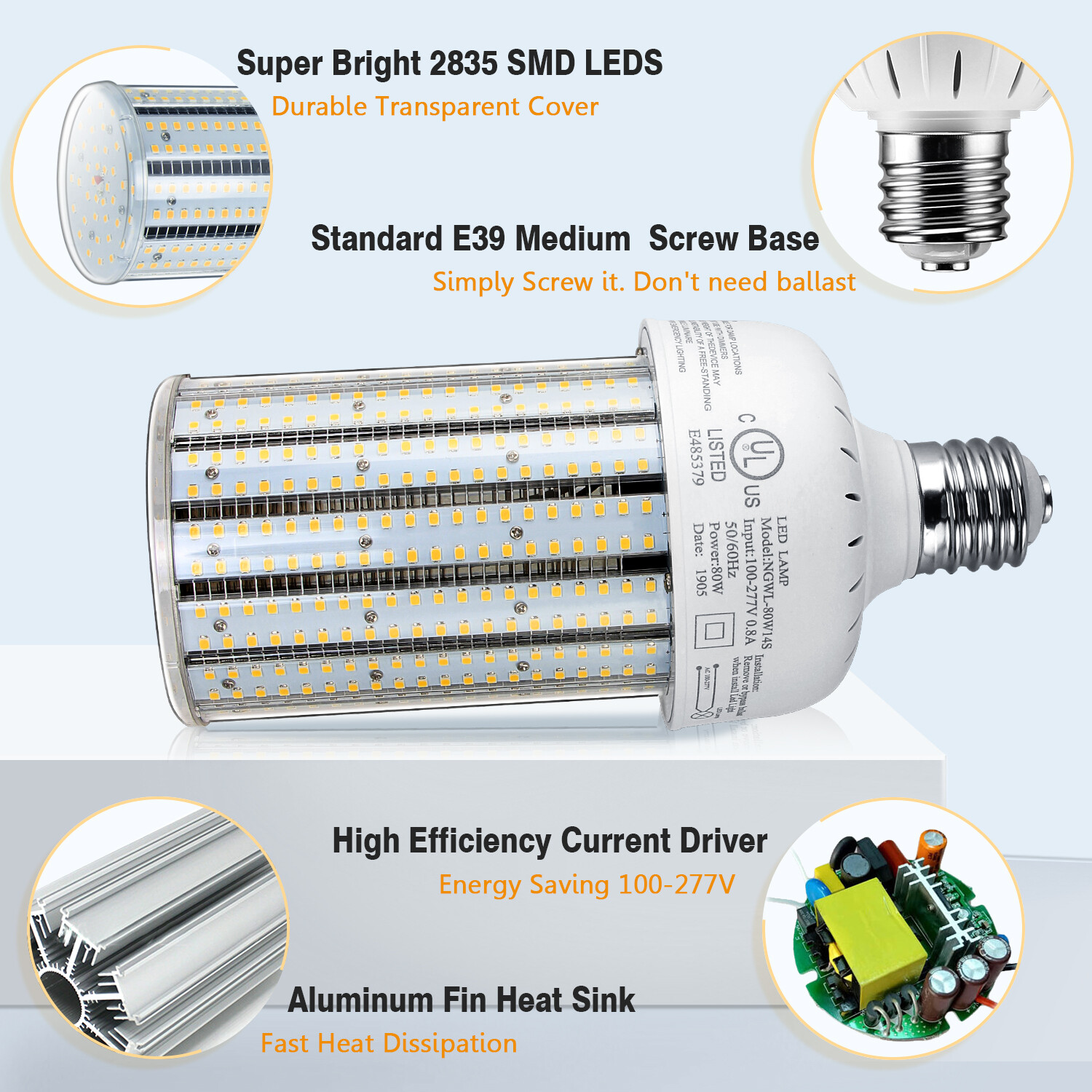 2-PACK 80W LED Corn Light AC480V Commercial Workshop Supermarket Warehouse Bulb
