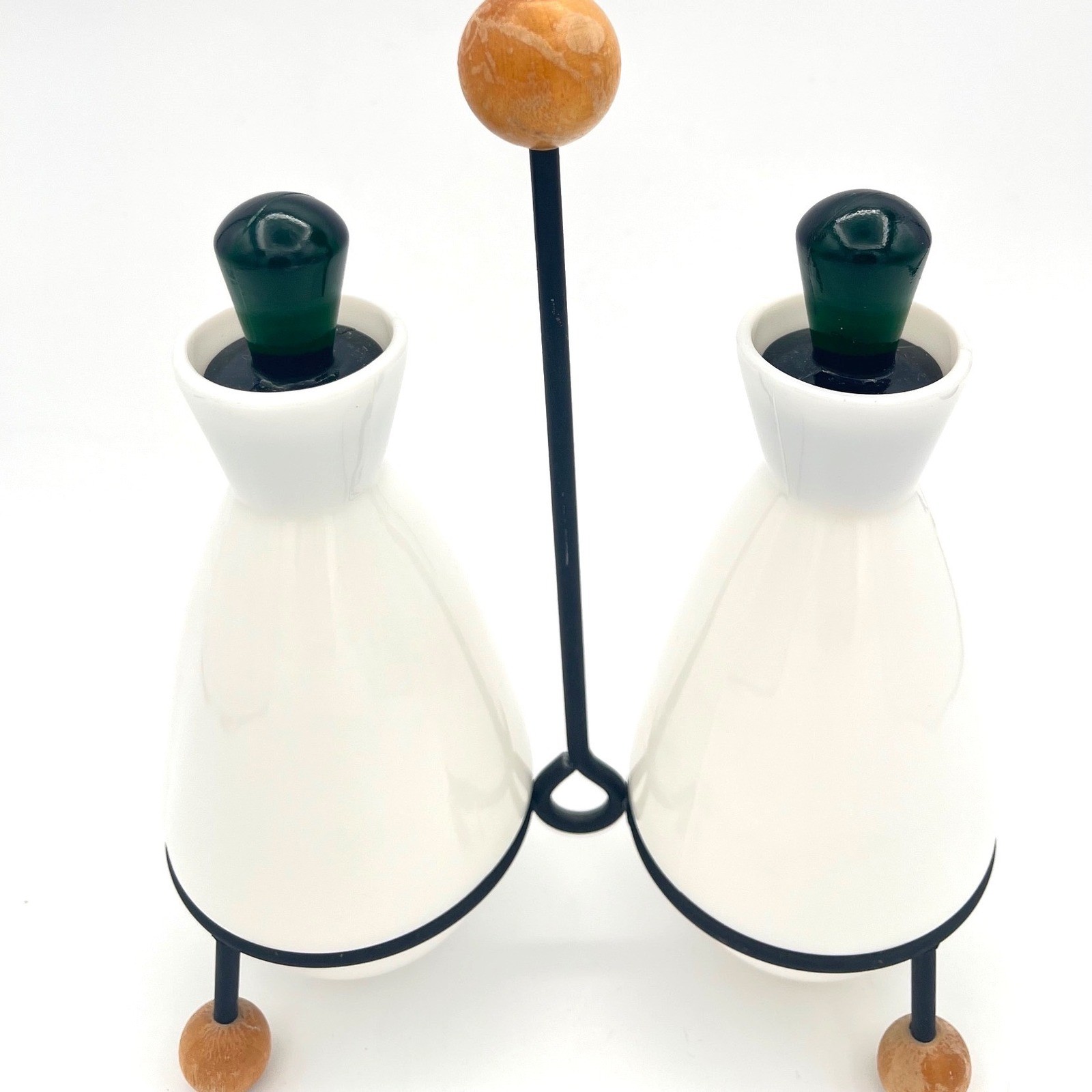 Vtg 1950’s Fenton Condiment oil & Vinegar Set Emerald Crest wrought iron stand