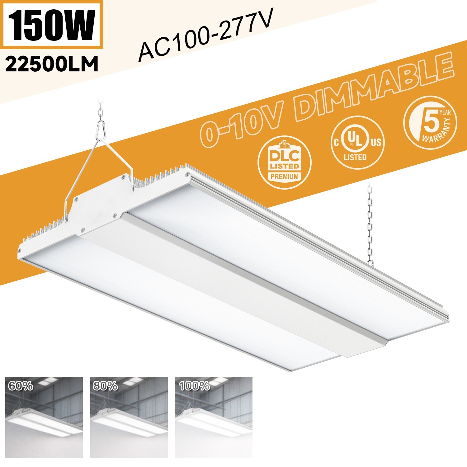 150W LED Linear High Bay Light, 22500LM Commercial Shop Lighting Fixtures 5000K