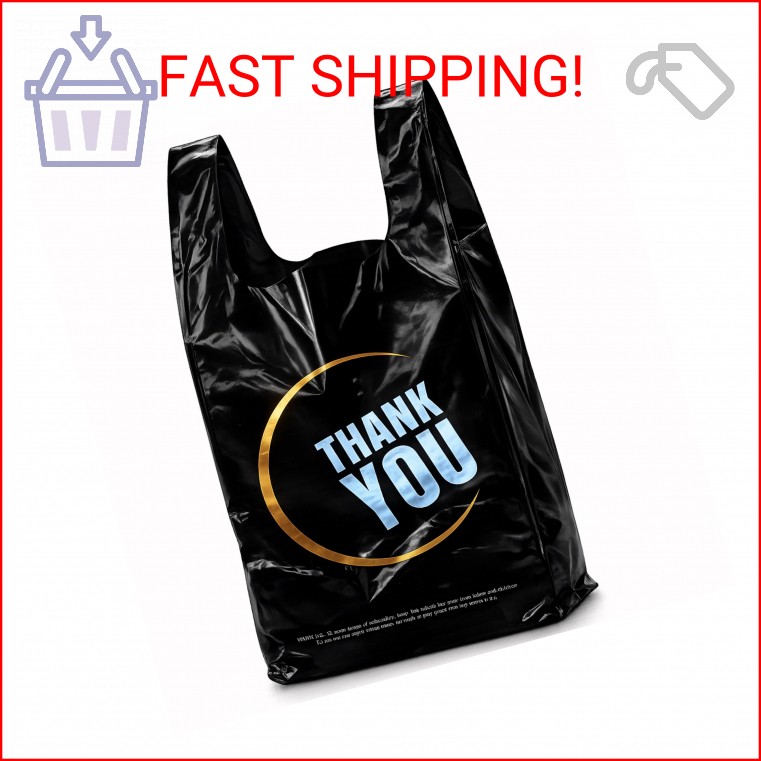 YoYoRain 50 Count Plastic Bags – Black T Shirt Bags with Handle for Retail Shopp