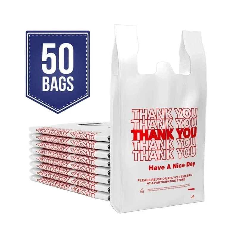 Thank You Plastic T-Shirt Bags 11.5×6.5×21 for Grocery Retail Shopping 50 pack