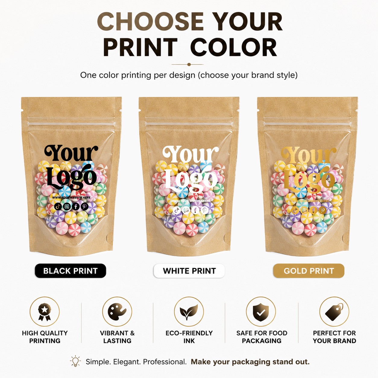 Custom Print Kraft Paper Stand Up Pouches | Clear Front Zipper Seal Storage Bag