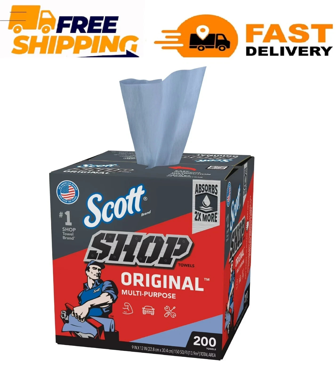 Scott Shop Towels Original, Pop-Up Dispenser Box 200 Sheets/Box