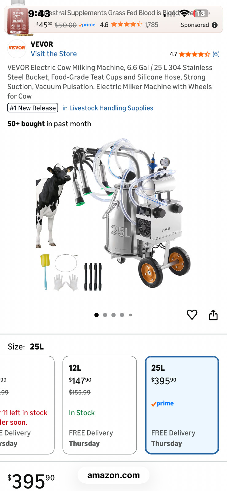 VEVOR 9JYZ-1 550W Electric Cow Milking Machine (YDSJNJC25L3040BN2)
