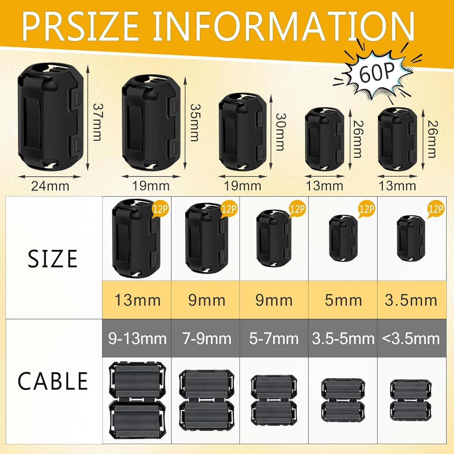 25Pcs Ferrite Chokes Ferrite Beads Snap on RFI EMI Noise Suppressor Cable Clip