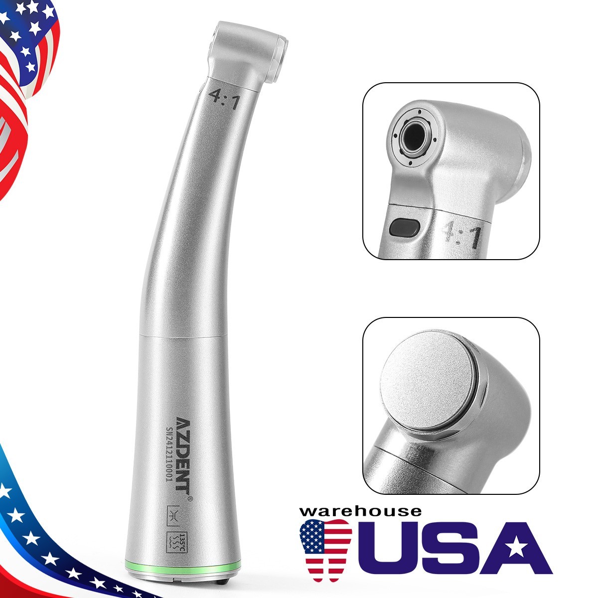 AZDENT Dental E-Type 4:1 Fiber Optic LED Endo & Prophy Contra Angle Handpiece
