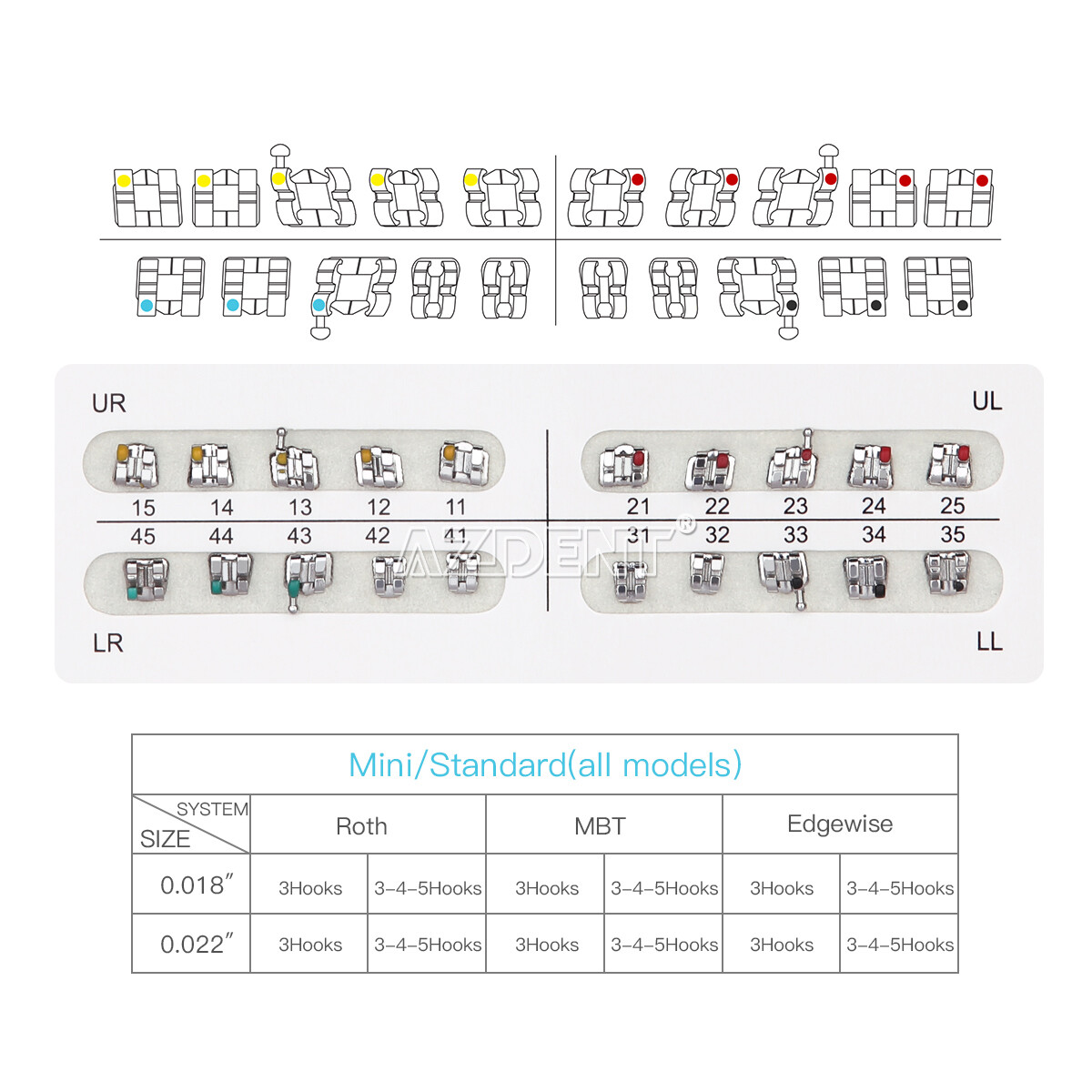 10Set AZDENT Dental Orthodontic Metal Bracket Braces Mini MBT Roth 018 022 Hooks