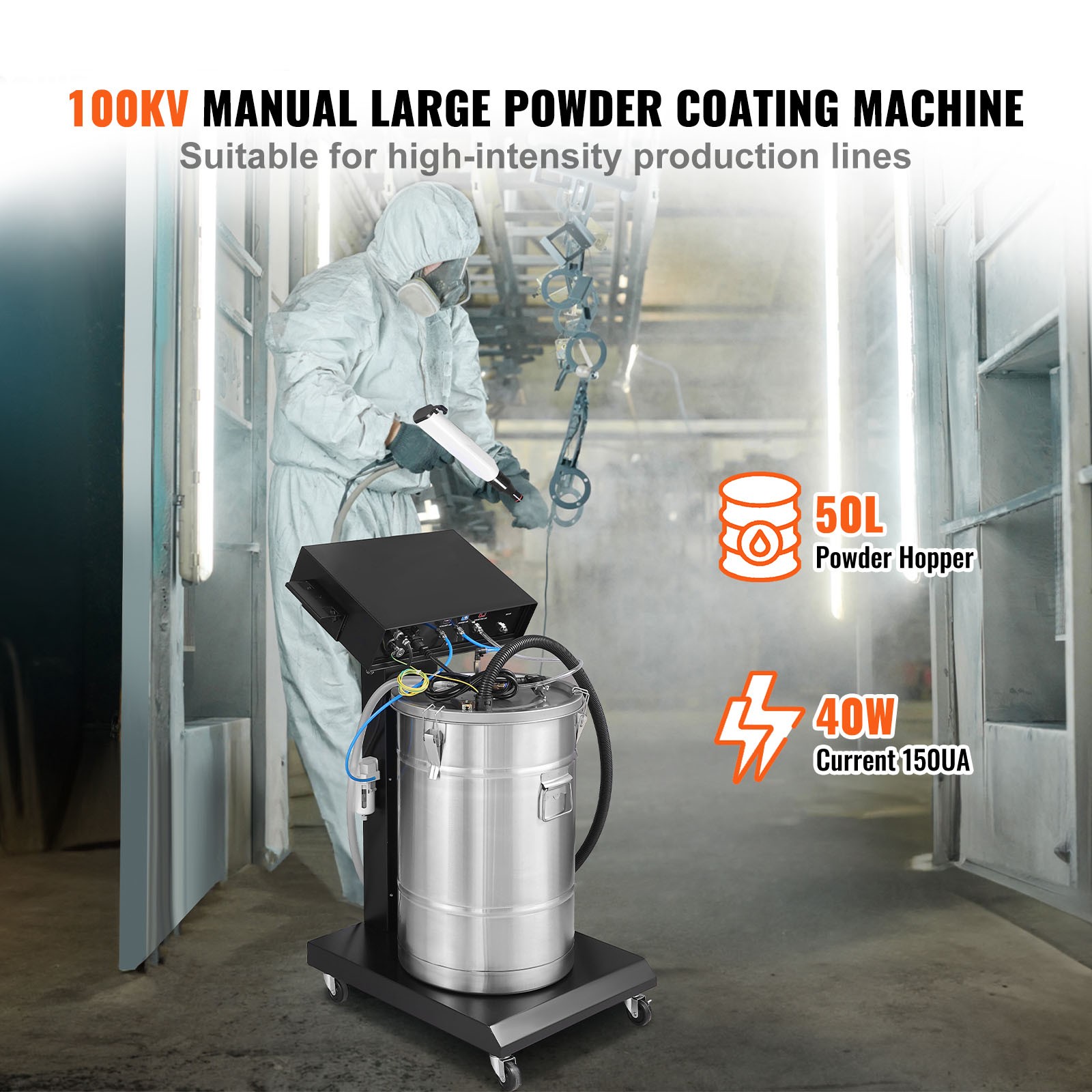 VEVOR Powder Coating System 40 W 100KV Electrostatic Output 50L Powder Hopper