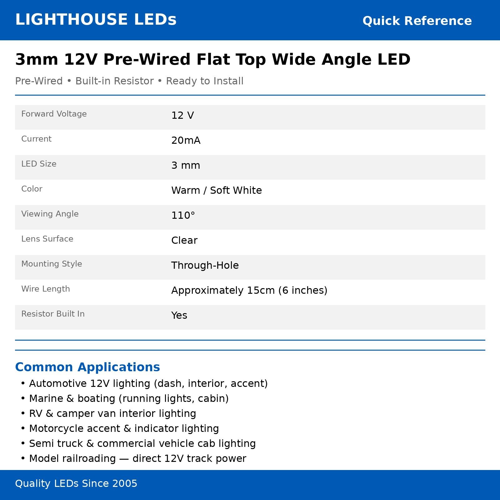 50 x 12v 3mm Flat Top Pre Wired Warm Soft White LED Wide Angle 14v 15v Prewired