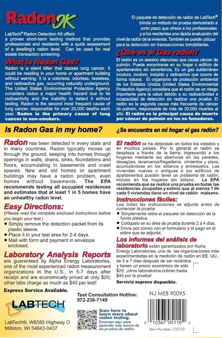 Radon Test Kit Labtech Easy Safe Accurate Certified Lab Results EPA Requirements