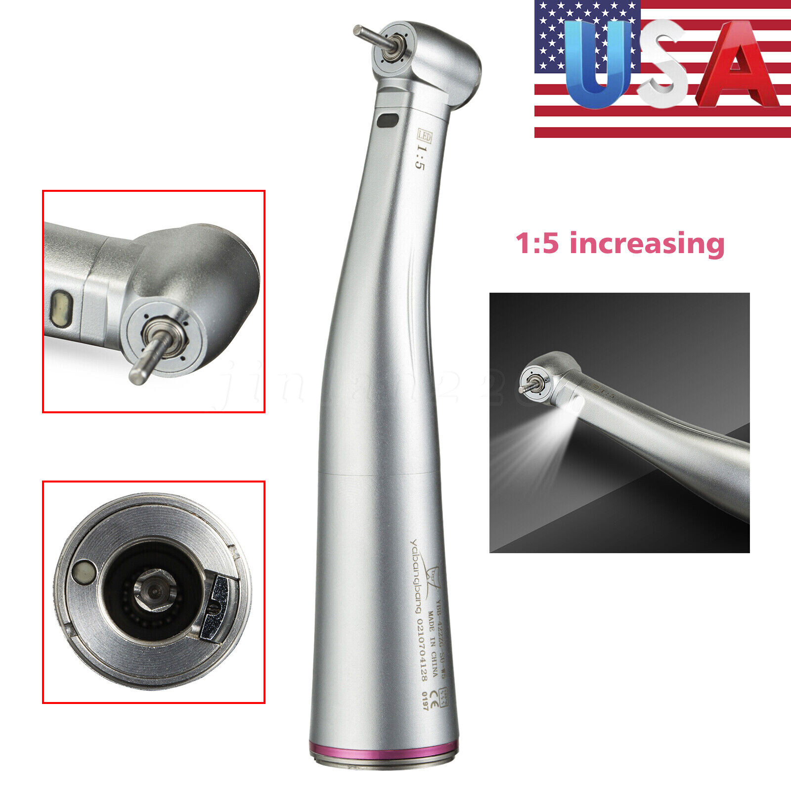 YABANG Dental 1:5 Increasing Contra Angle Optic LED Handpiece Fit Electric Motor