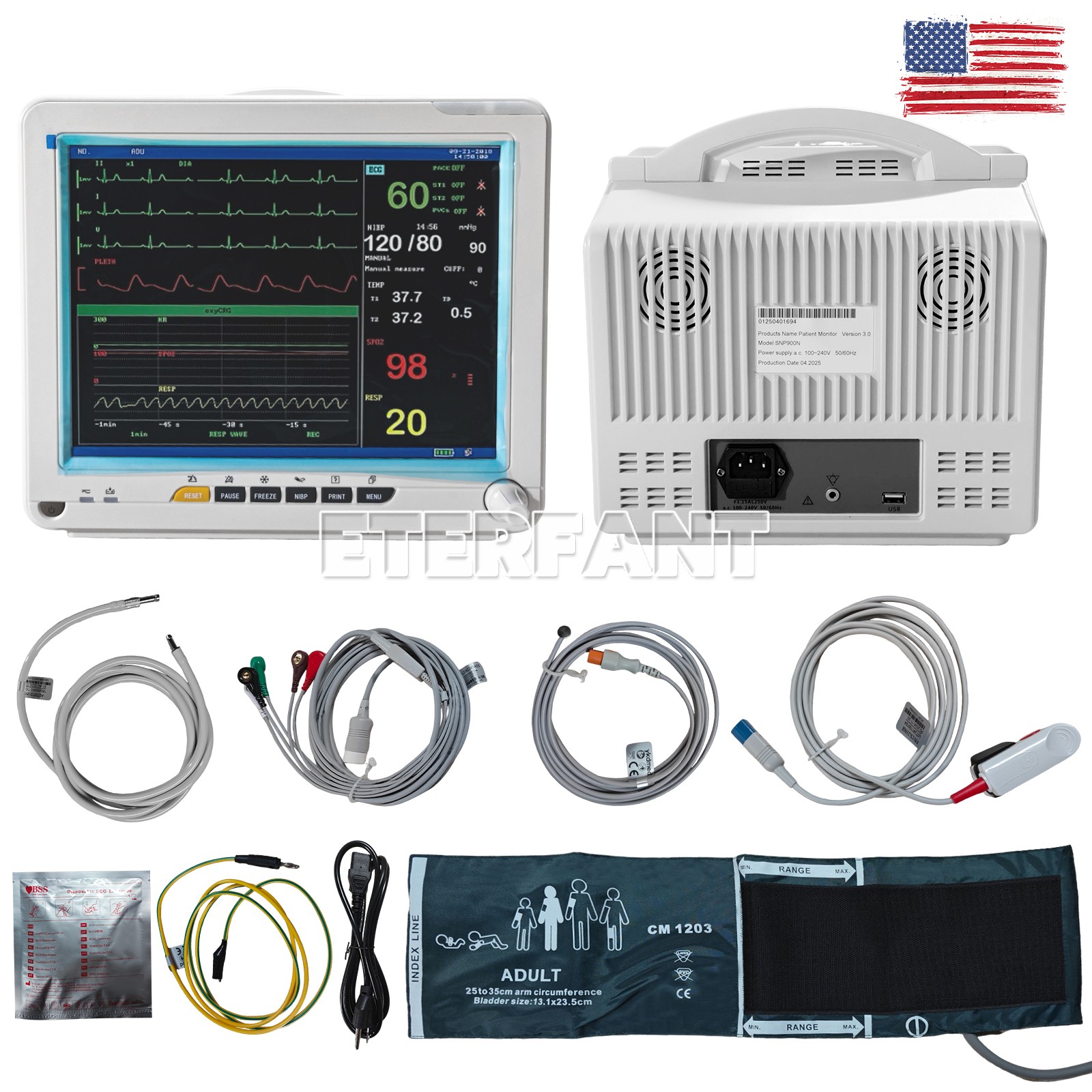 ETERFANT Patient Monitor Multi-Parameter Vital Signs ECG/NIBP/TEMP/RESP/SPO2/PR