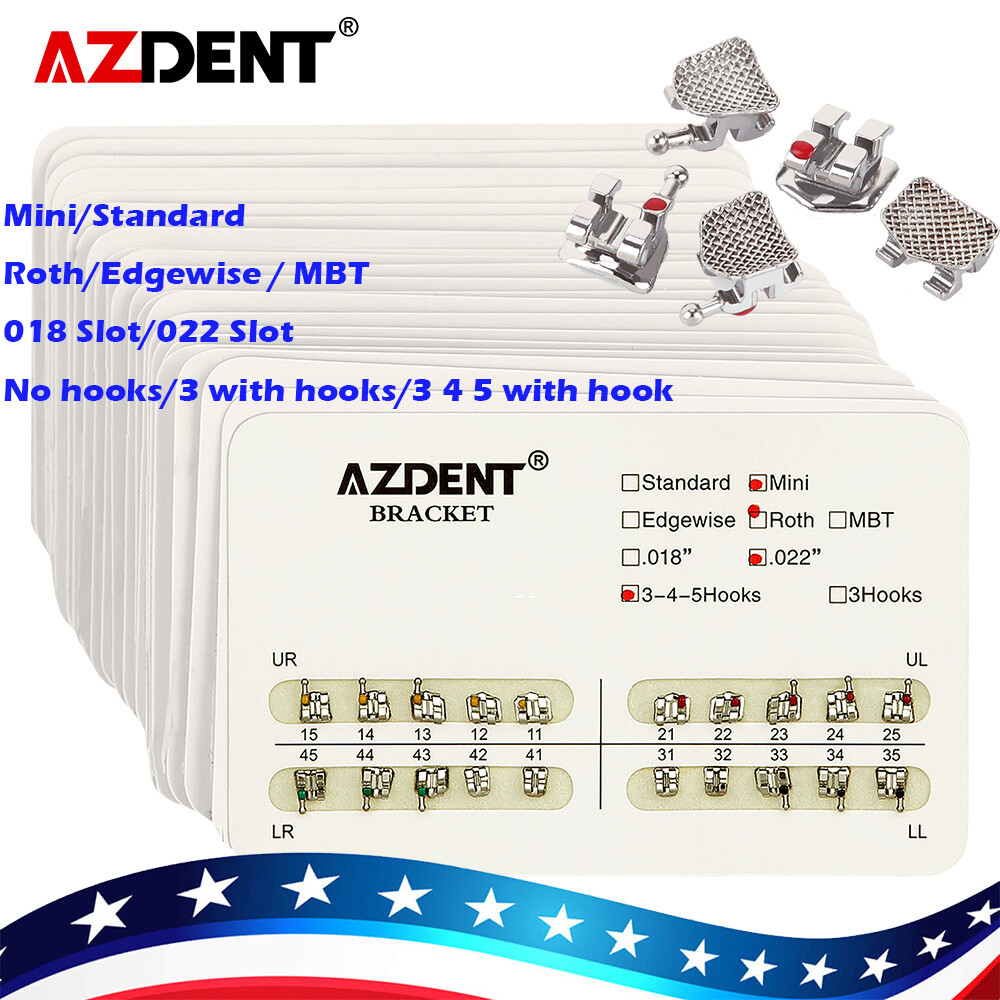 AZDENT Dental Ortho Metal Brackets Mini/Standard Roth/MBT 018/022 Hooks 3/3 4 5