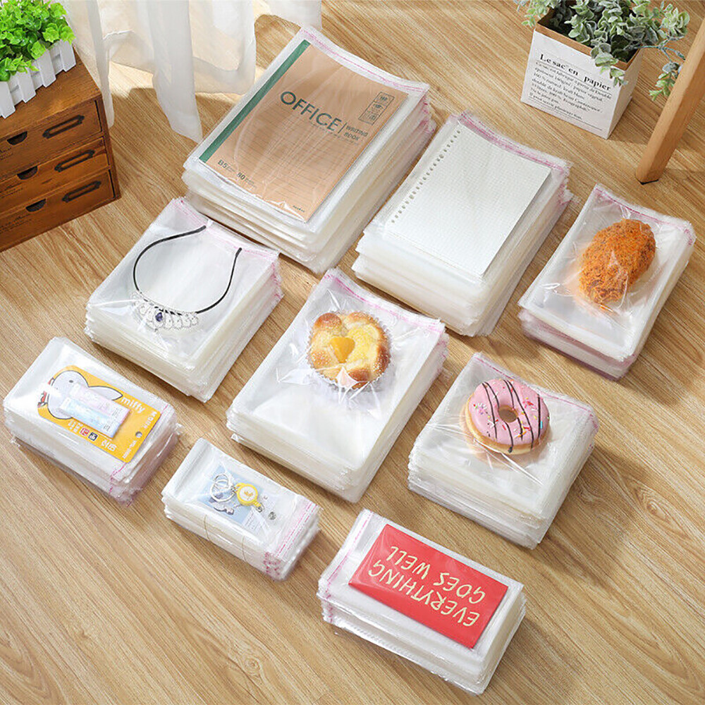 100-1000Pcs Clear Self Adhesive Poly Bags OPP Cellophane Plastic Bags 7 Sizes