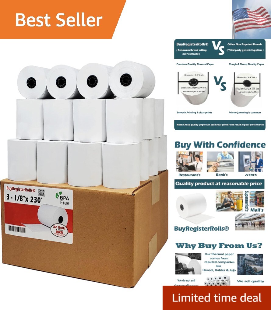 32 Rolls 3 1/8 x 230 Thermal Paper Receipt Rolls fits all Clover POS Cash Reg…