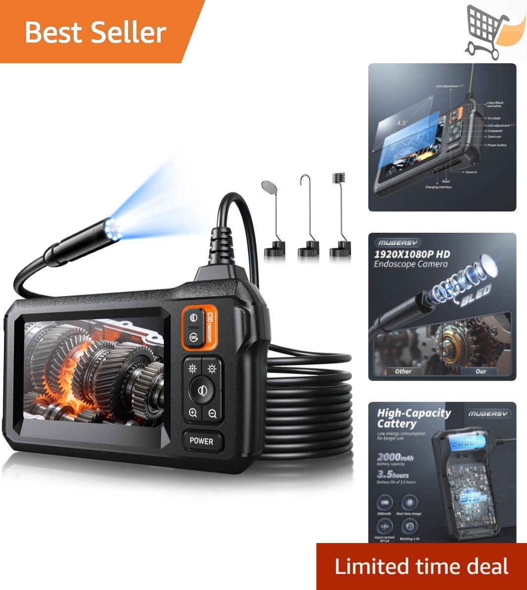 Endoscope Camera with Light 4.3 inch HD IPS Screen Waterproof Sewer Inspectio…