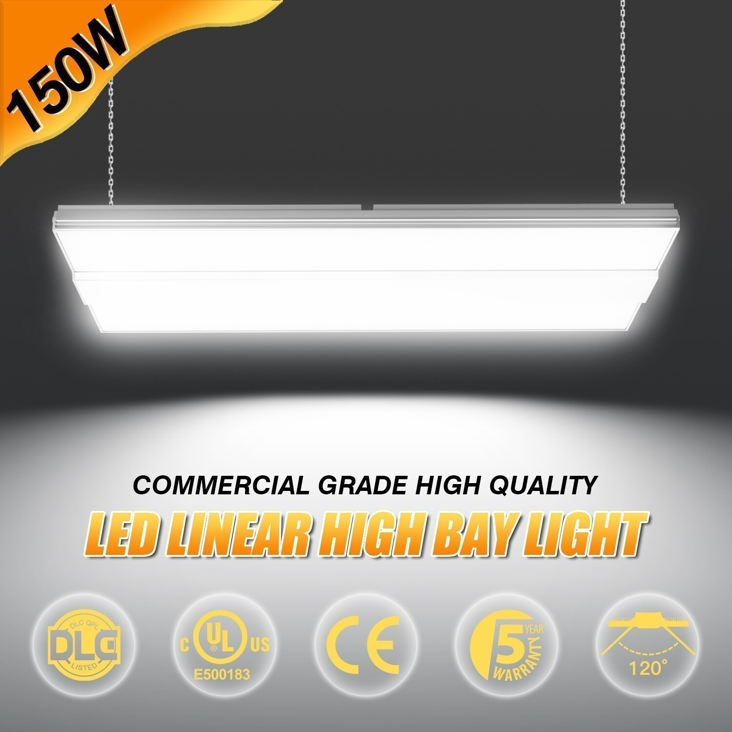 Dimmable LED Linear High Bay Light 150W Warehouse Garage Ceiling Fixture 22500LM
