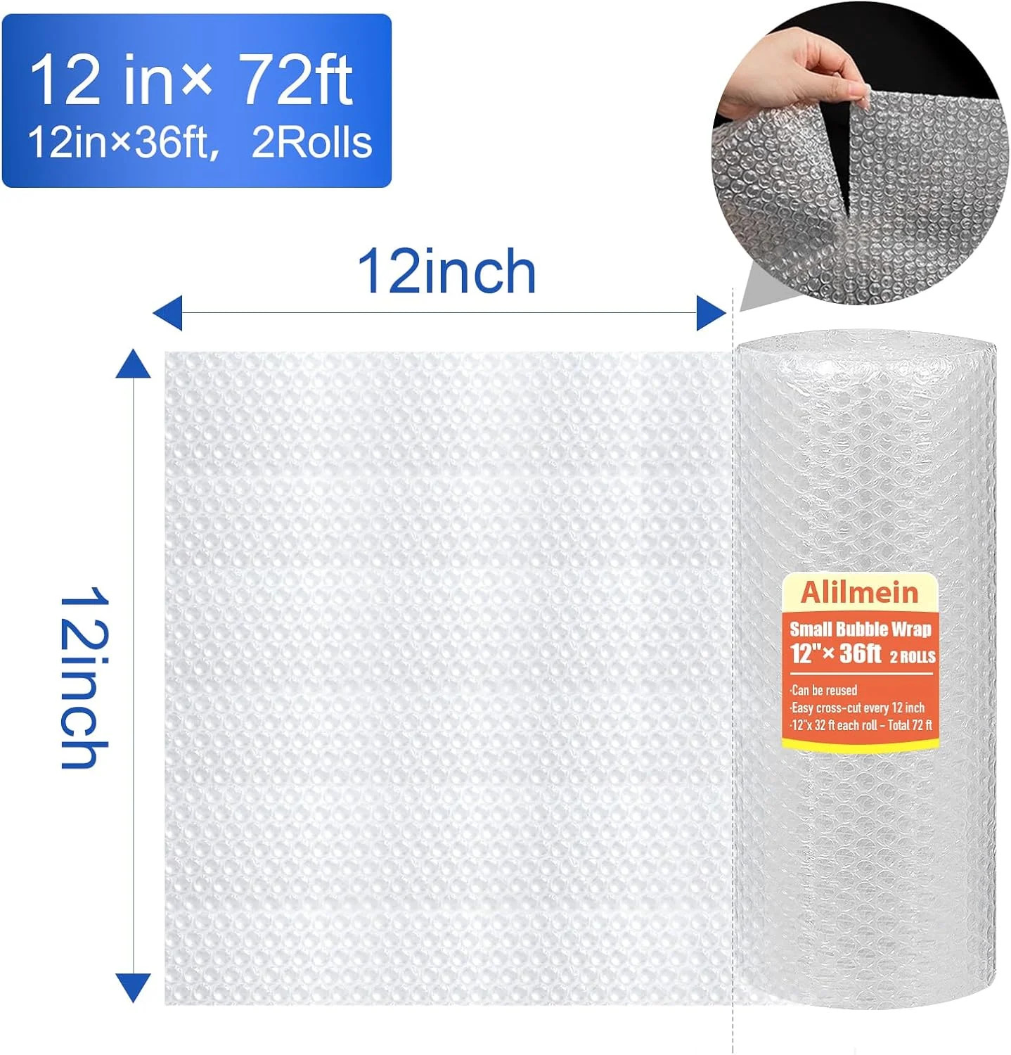 12 Inch x 36ft – 2 Pack Small Thin Bubble Cushioning Wrap for Extra Protection P