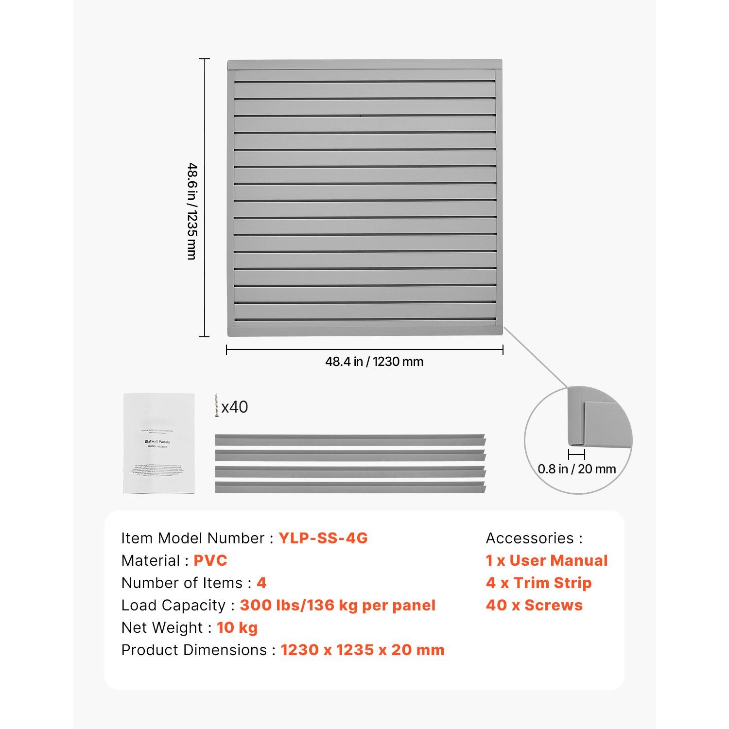 4×4 ft PVC Slatwall Panel, Modular Grey Garage Storage Wall with Coupling