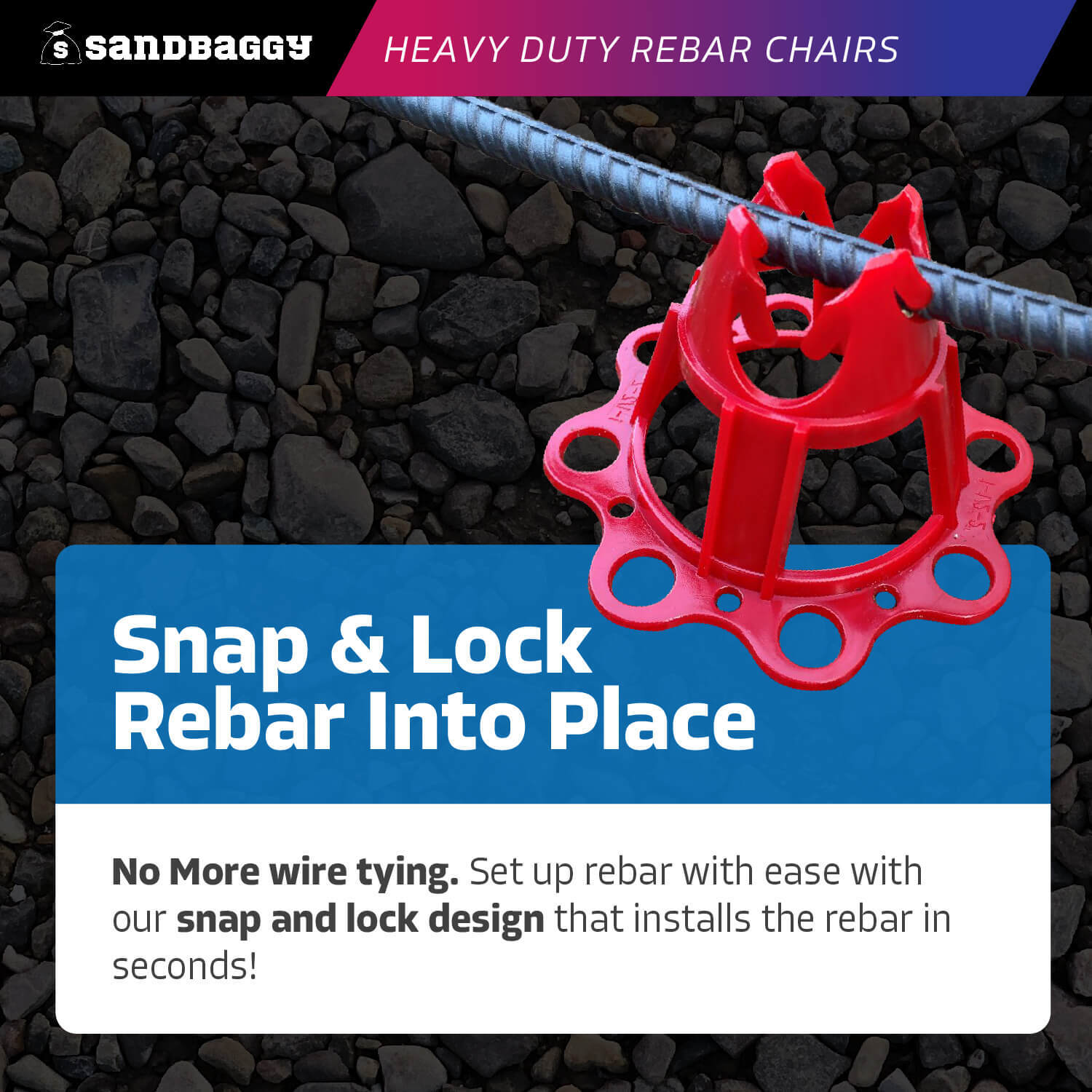 Sandbaggy Plastic Rebar Chair – Elevates Rebar 1 ½” or 2″ – Rebar #3 to #5 (Red)