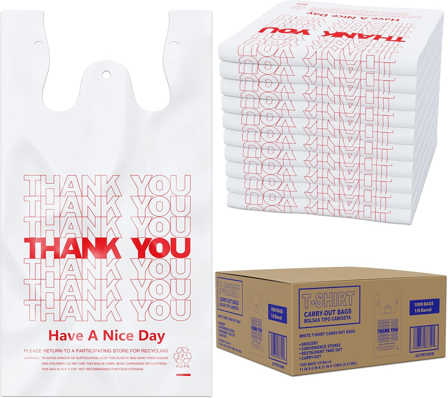 1000 Count 11″ x 6″ x 21″ Thank You T Shirt Plastic Bags 1/6 Barrel