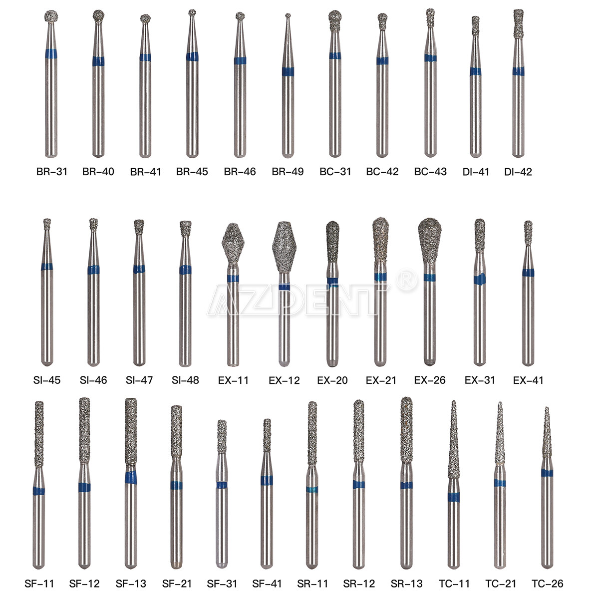 100Size AZDENT Dental Diamond Burs High Speed Handpiece Friction Grip 5Pc/Box
