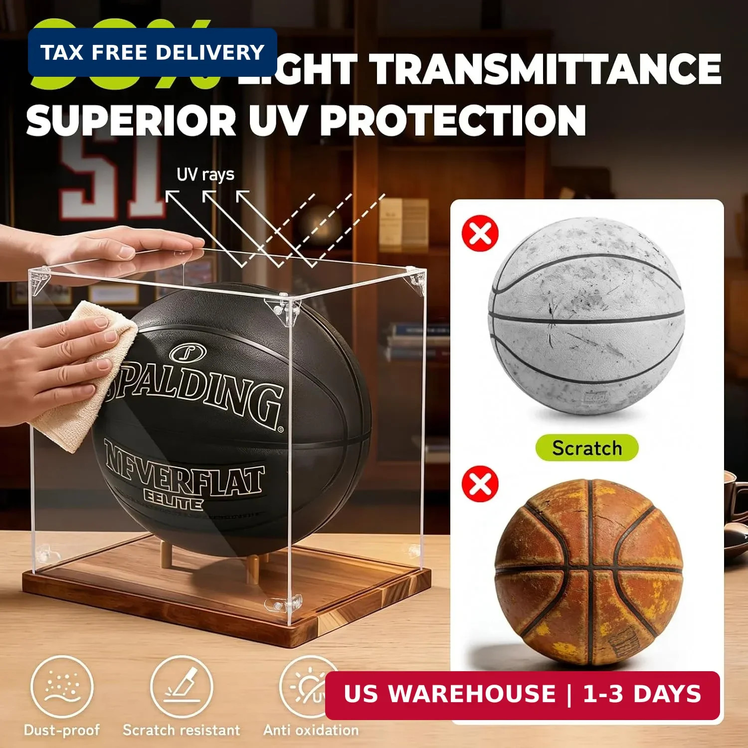 Basketball Display Case Acrylic Clear 10″ Full Size with Solid Wood Base, UV Pro