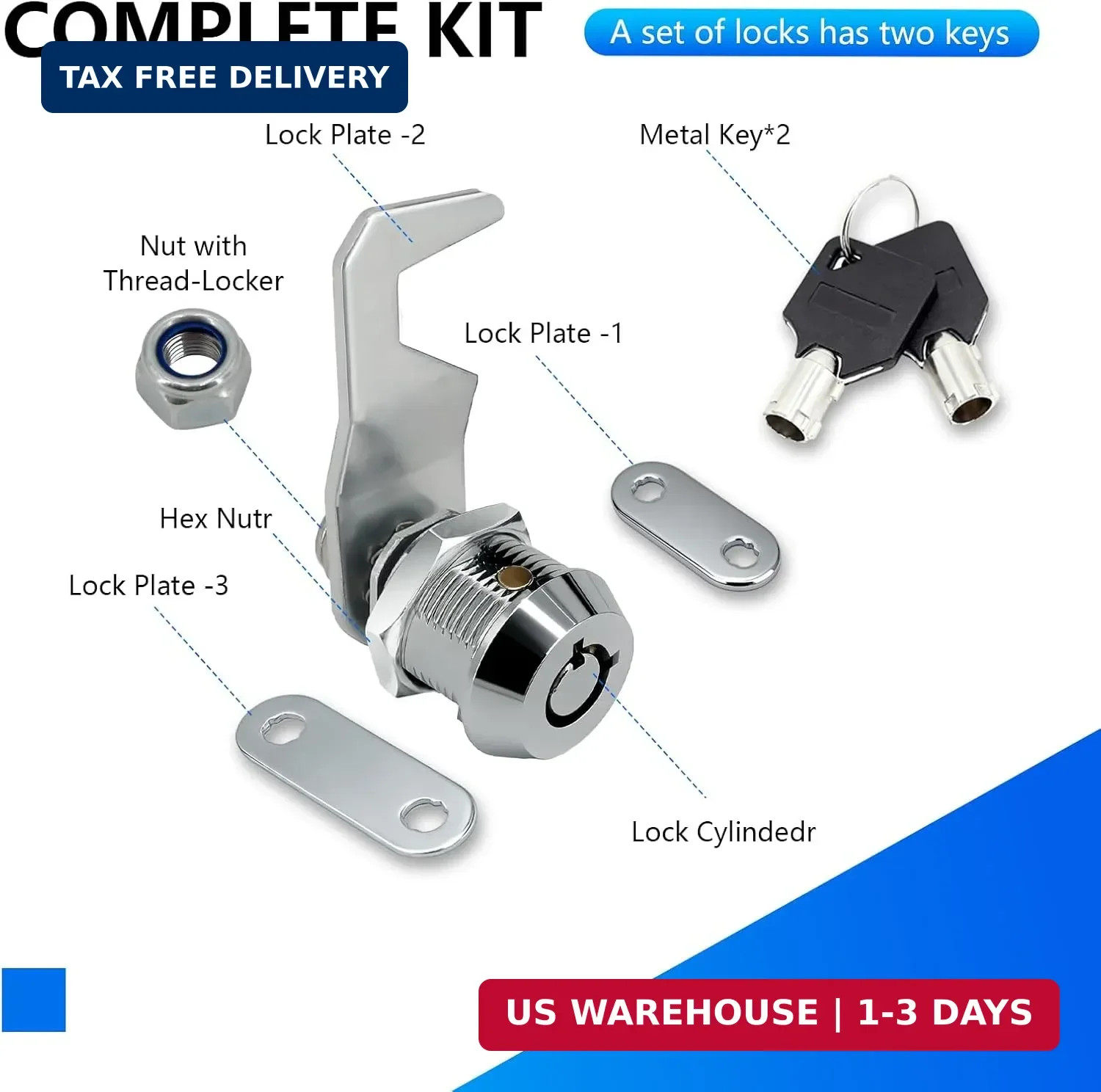 US General 5/8 Inch Black Toolbox Lock Replacement, Keyed Alike Cabinet Cam