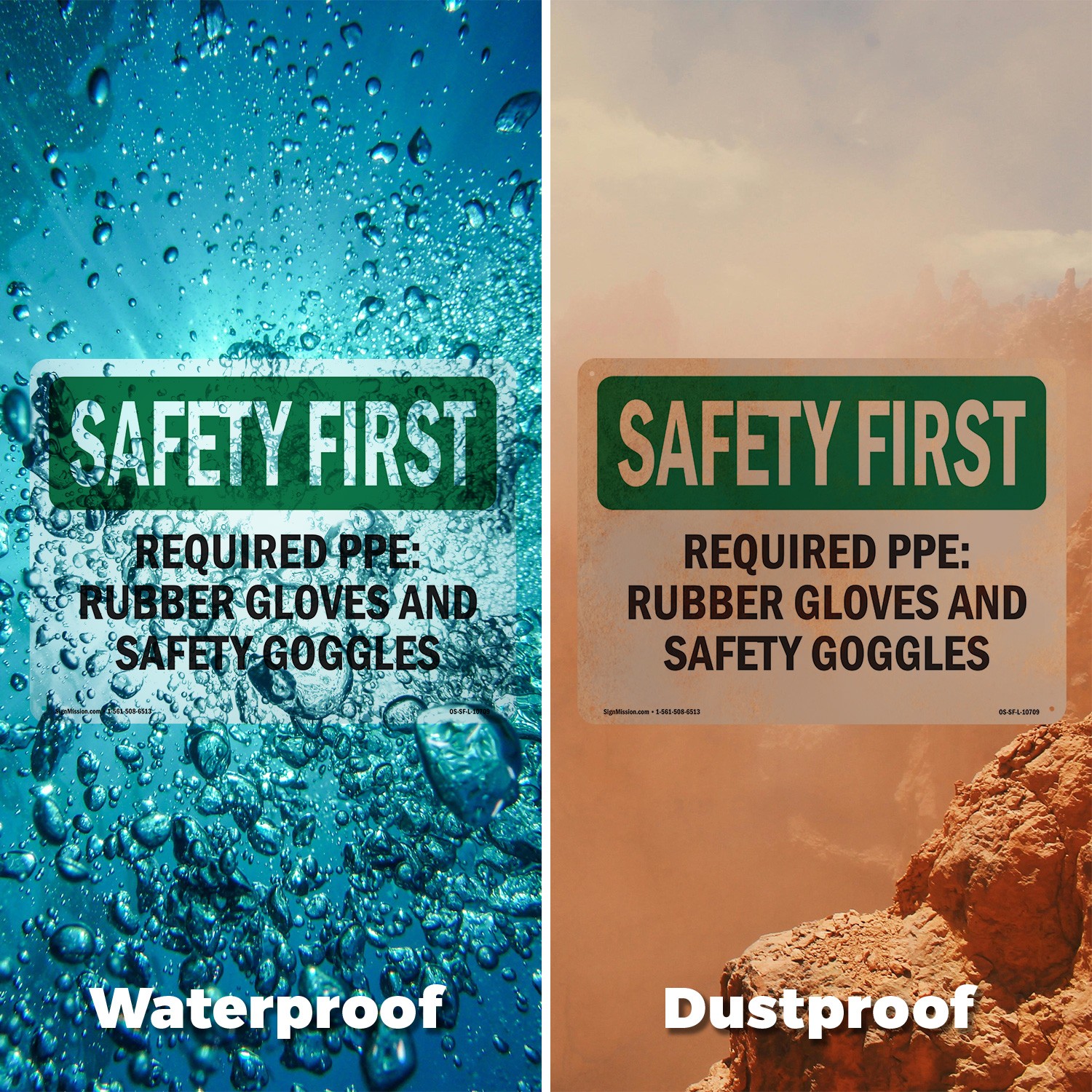 Required PPE Rubber Gloves And Safety Goggles OSHA SAFETY FIRST Sign 5/10 Pack