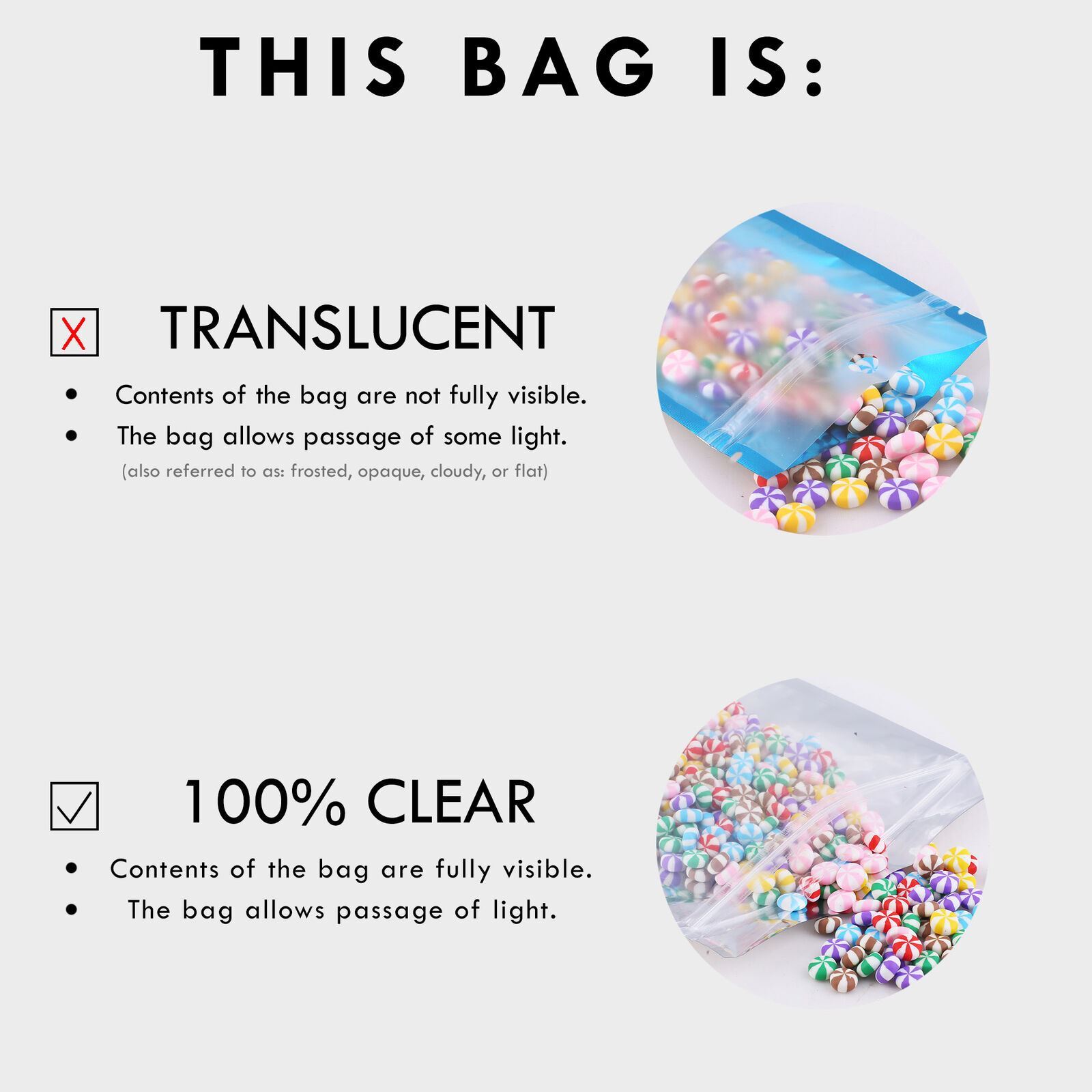 Many Different Sizes for 100 Flat Clear/White Zipper Seal Bags w/ Hang Hole