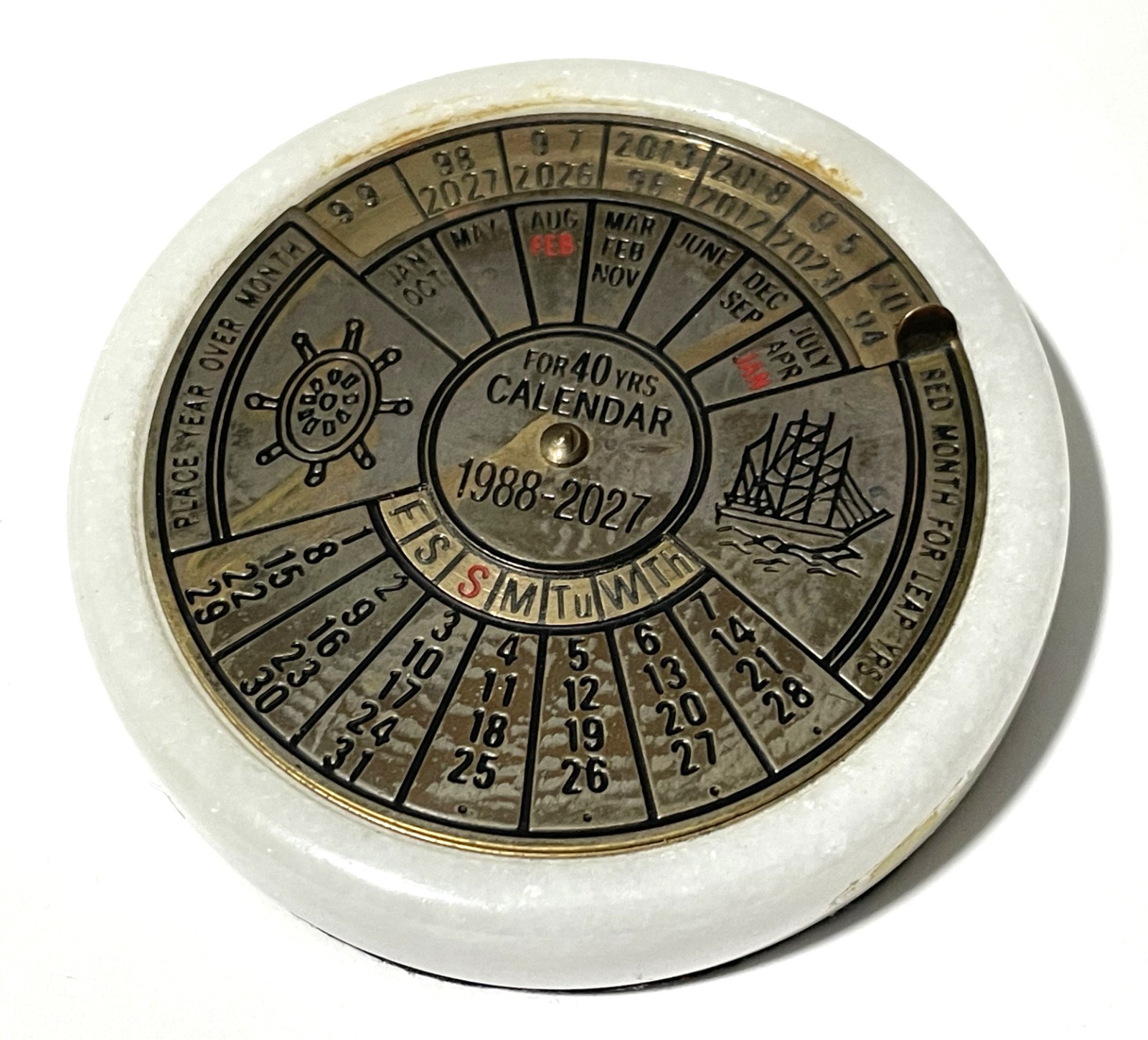 Vtg. 3″ For 40 Years Calendar 1988-2027 White Marble & Brass Office Desk Decor