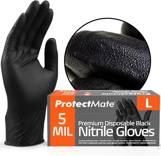 5 Mil Food Prep Black Nitrile Gloves Textured Disposable (Box of 100, Medium)