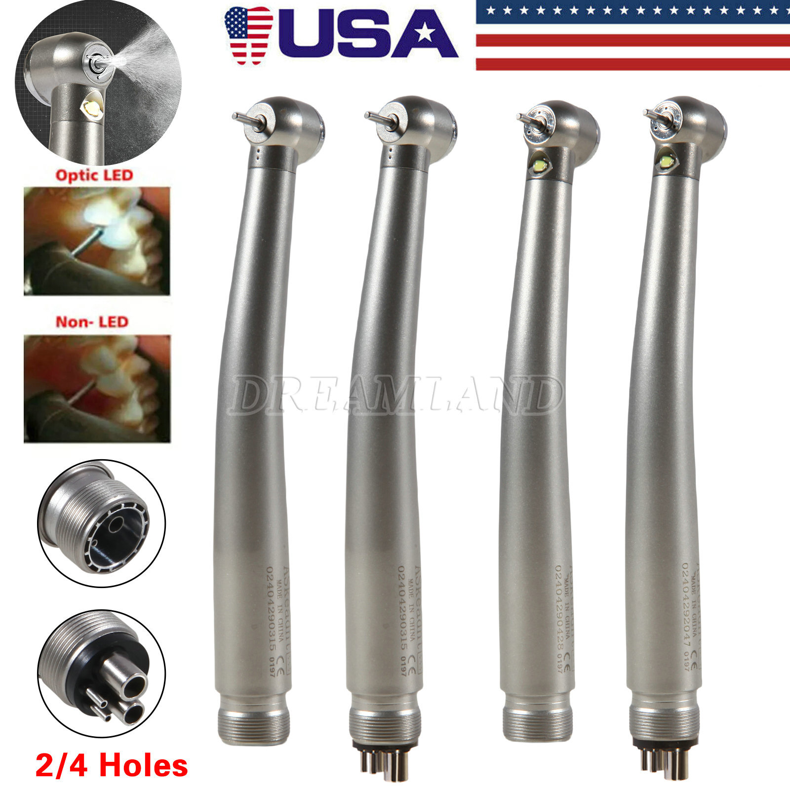 Dental (LED Optic E-generator) Denshine Handpiece High Speed Turbine 2/4Hole USA