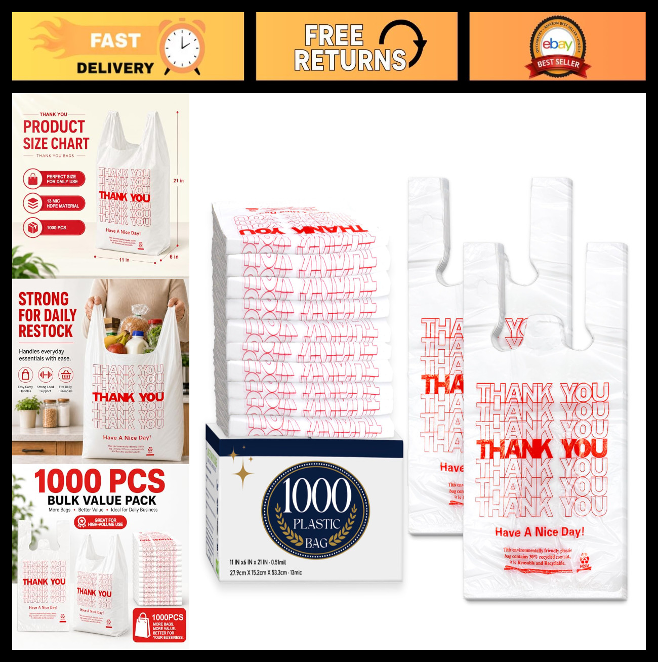 1000 Pack White Thank You T-Shirt Bags with Handles – 11″x6″x21″ Plastic Grocery