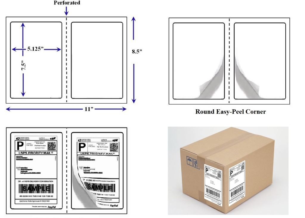 Perforated Round Corner 1000 half sheet 7.5″ x 5.125″ Shipping Labels LUCKYLEO