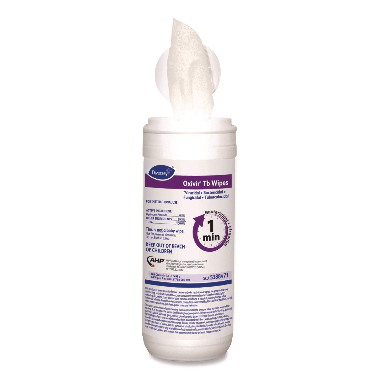 12- Diversey Oxivir Tb Wipes 7″x8″ (17.8×20.3cm) 60ct One-Step 60s Disinfectant
