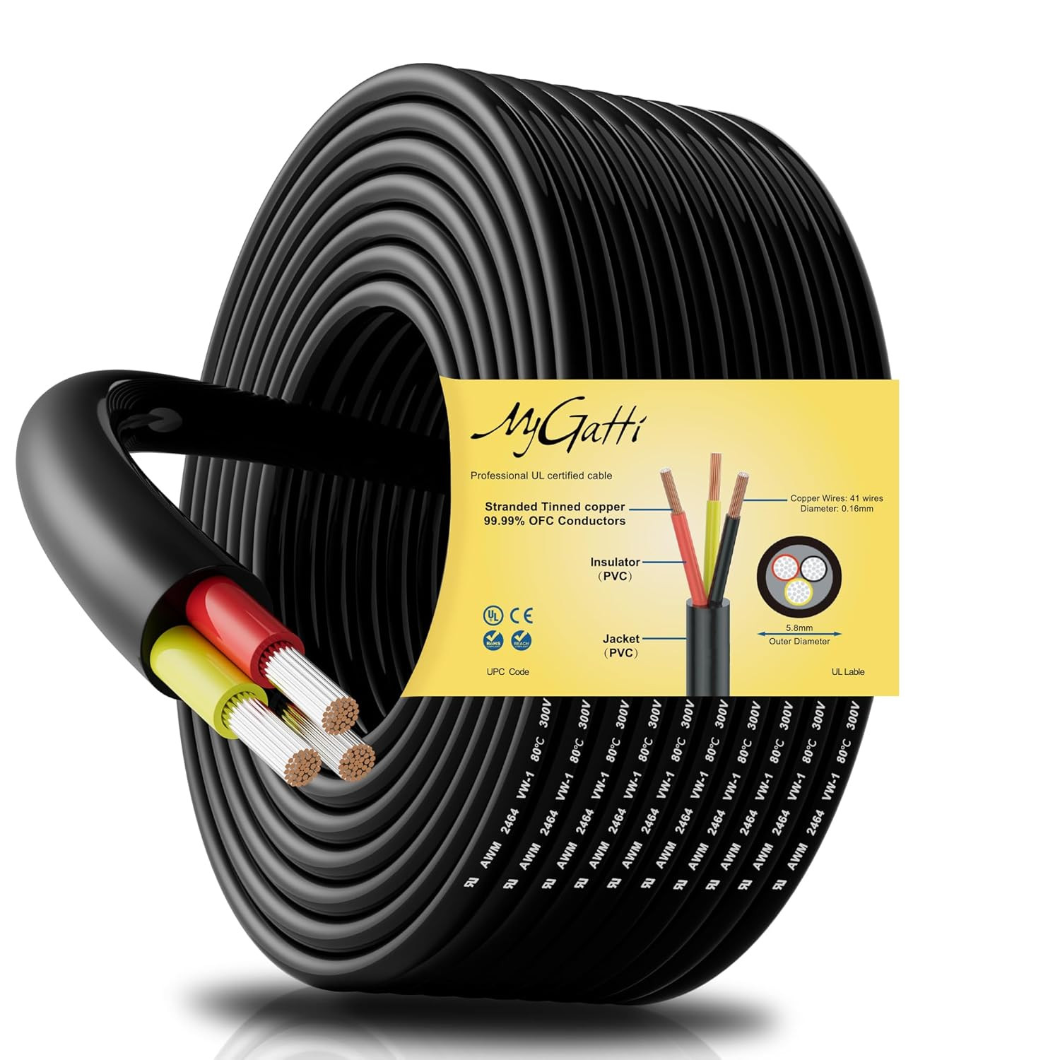18 Gauge 3 Conductor Electrical Wire 50 FT, 18AWG UL 2464 Stranded Power Cable,