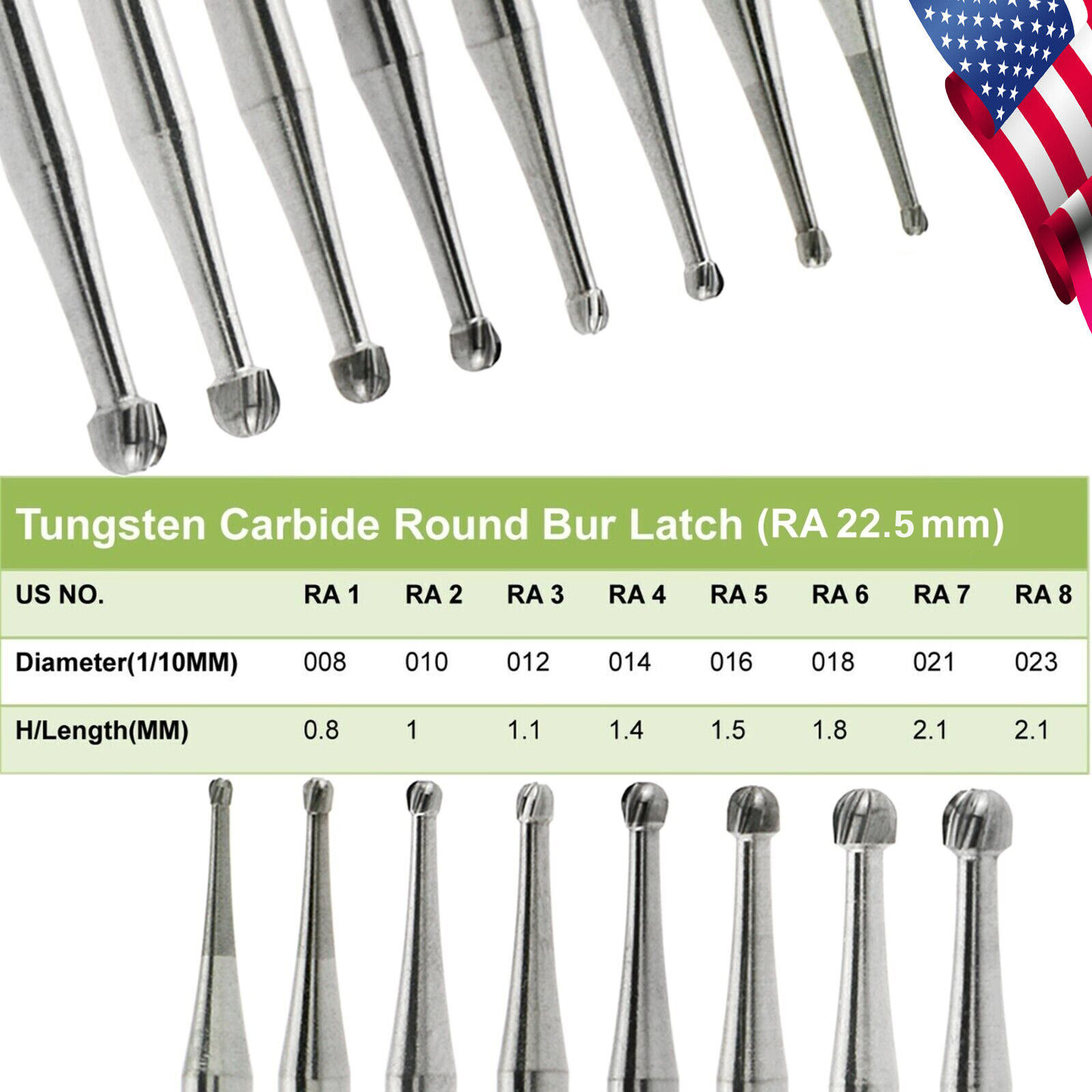 8 Types Dental Round Carbide Bur for Slow Speed Latch Type RA 1# – 8# Burs ns