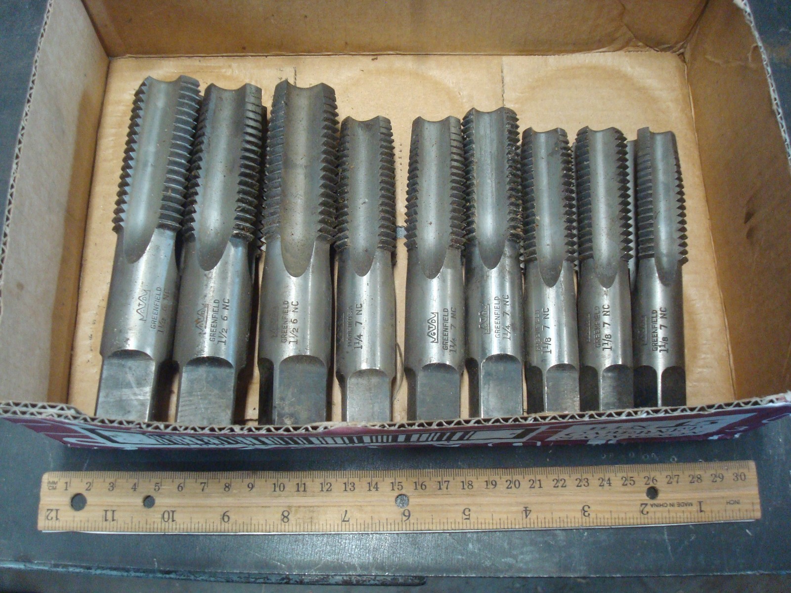 Lot of 9 Vintage Greenfield Taps 3x 1-1/2 6 NC, 3x 1-1/4 7 NC & 3x 1-1/8 7 NC