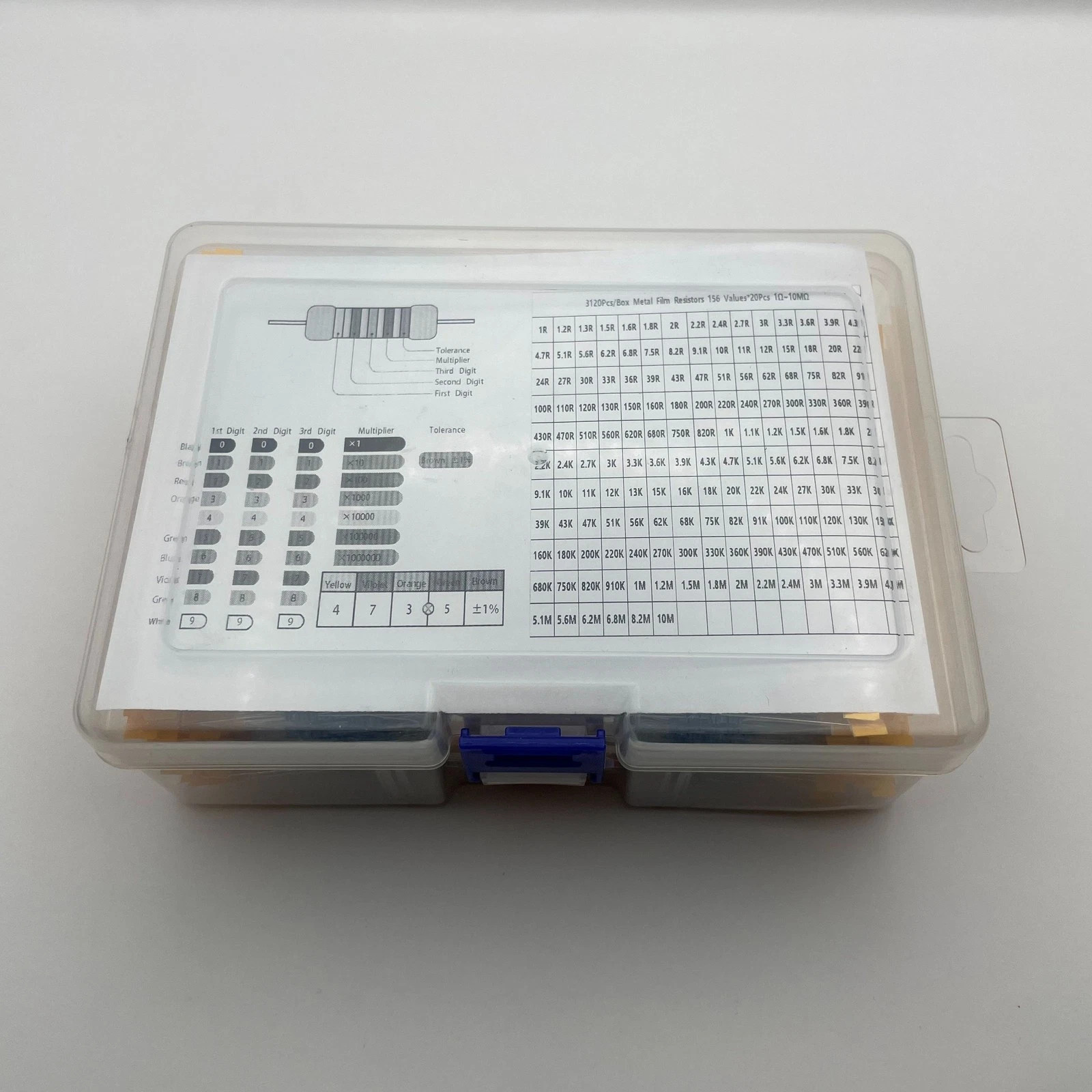 3120pcs 1/4W Metal Film Resistor Kit (1Ω-10MΩ ±1%) 156 Values w/Storage Box