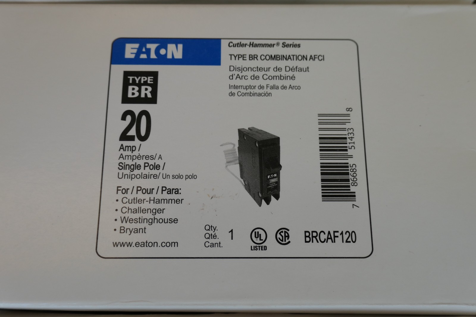 Eaton BRN120AF AFCI 20Amp Single Pole Circuit Breaker Lot Of 6