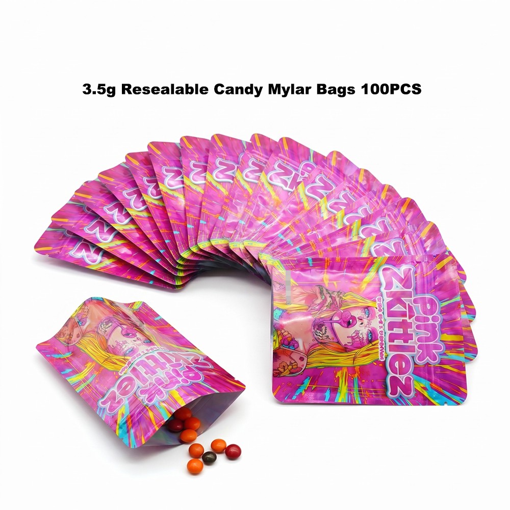 Food Safe 3.5g Stand Up Mylar Bags 100pcs Airtight Resealable Pouches Odor Proof