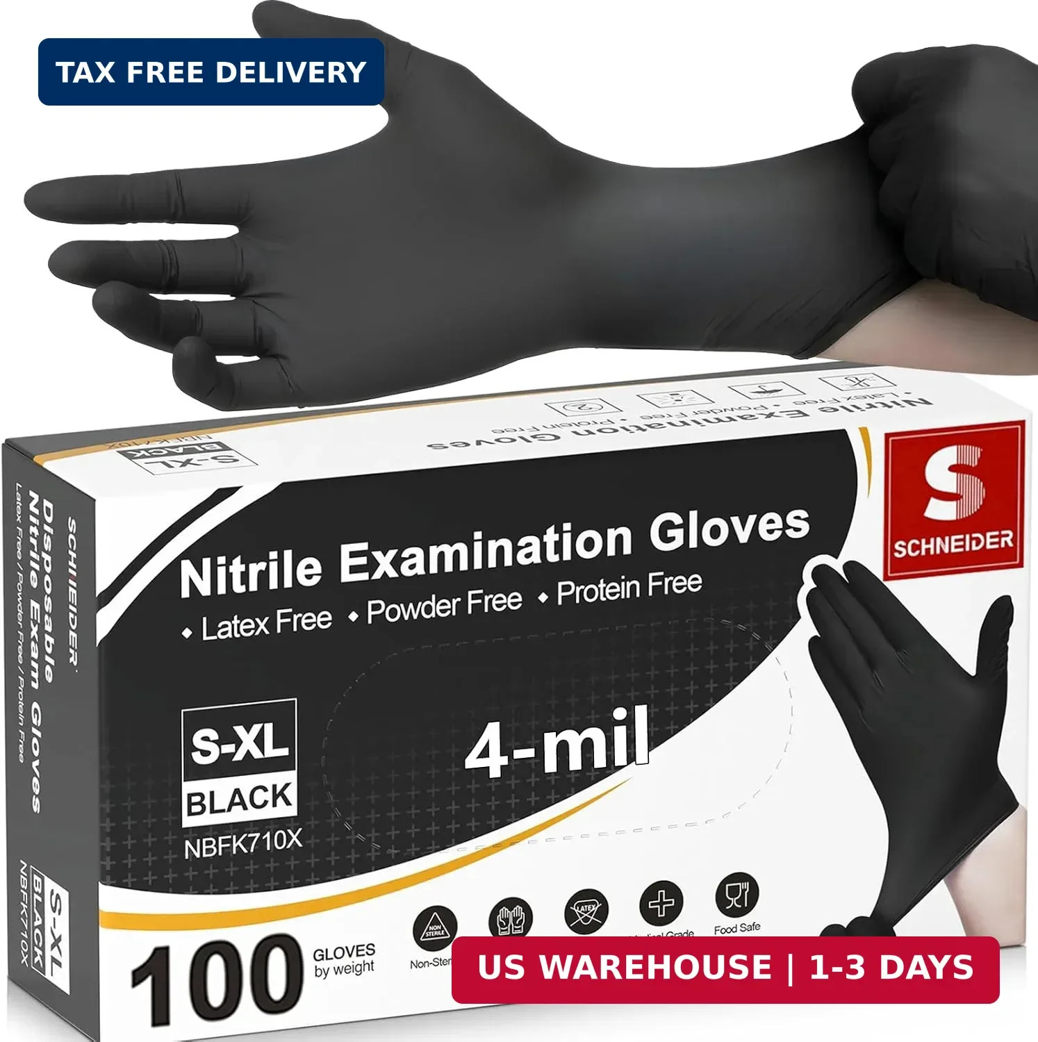 Schneider Nitrile Exam Gloves, 4 Mil Black Gloves Disposable Latex Free Powder F