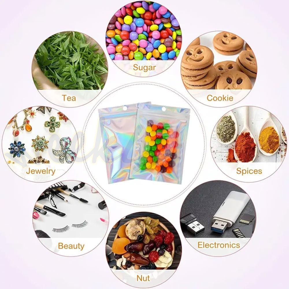 100 Holographic Mylar Foil Bags Smell Proof Resealable Clear Zip Lock Pouch Food