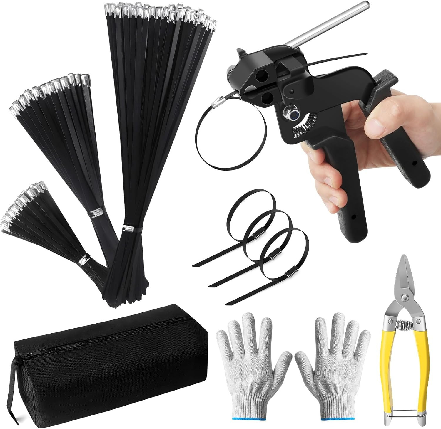 Metal Zip Ties Gun Set, Stainless Steel Zip Tie Tool with 150PCS Black Metal Zip