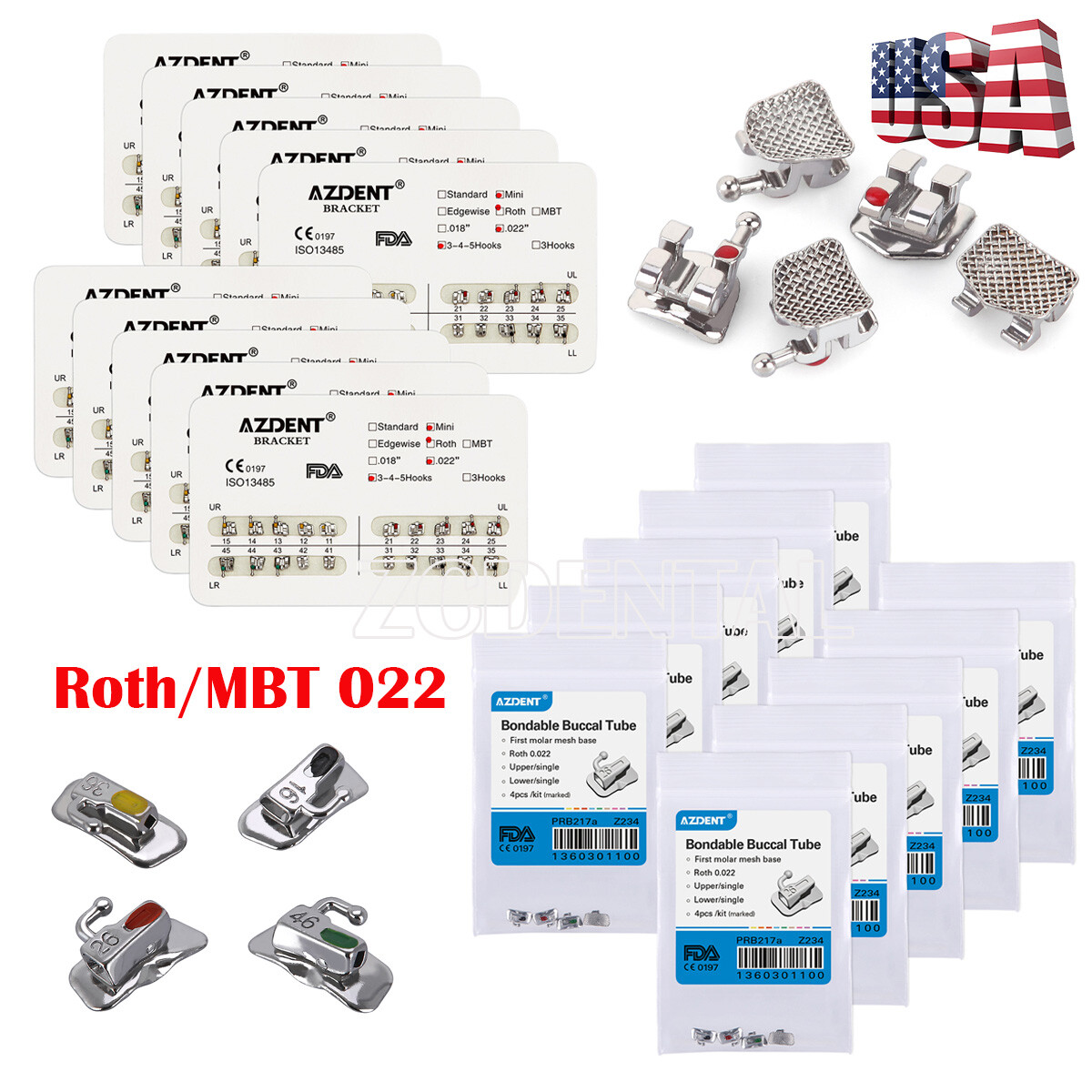 AZDENT Dental Orthodontic Brackets Buccal Tubes Metal MBT/Roth 022 Hooks 345 U&L