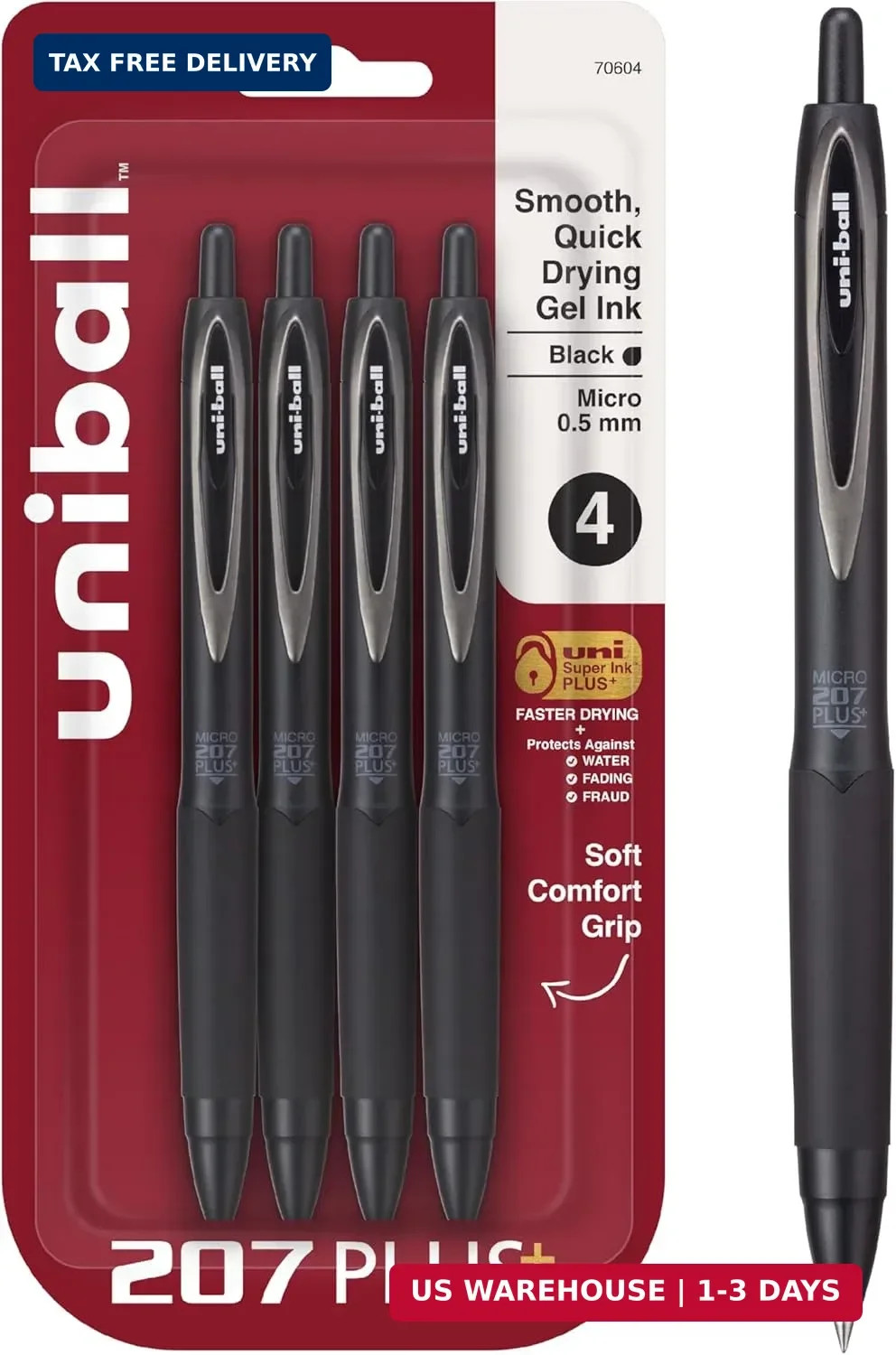 Uni-Ball 207+ Black Retractable Gel Pens 4 Pack with Micro 0.5mm Points, Uni-Bal