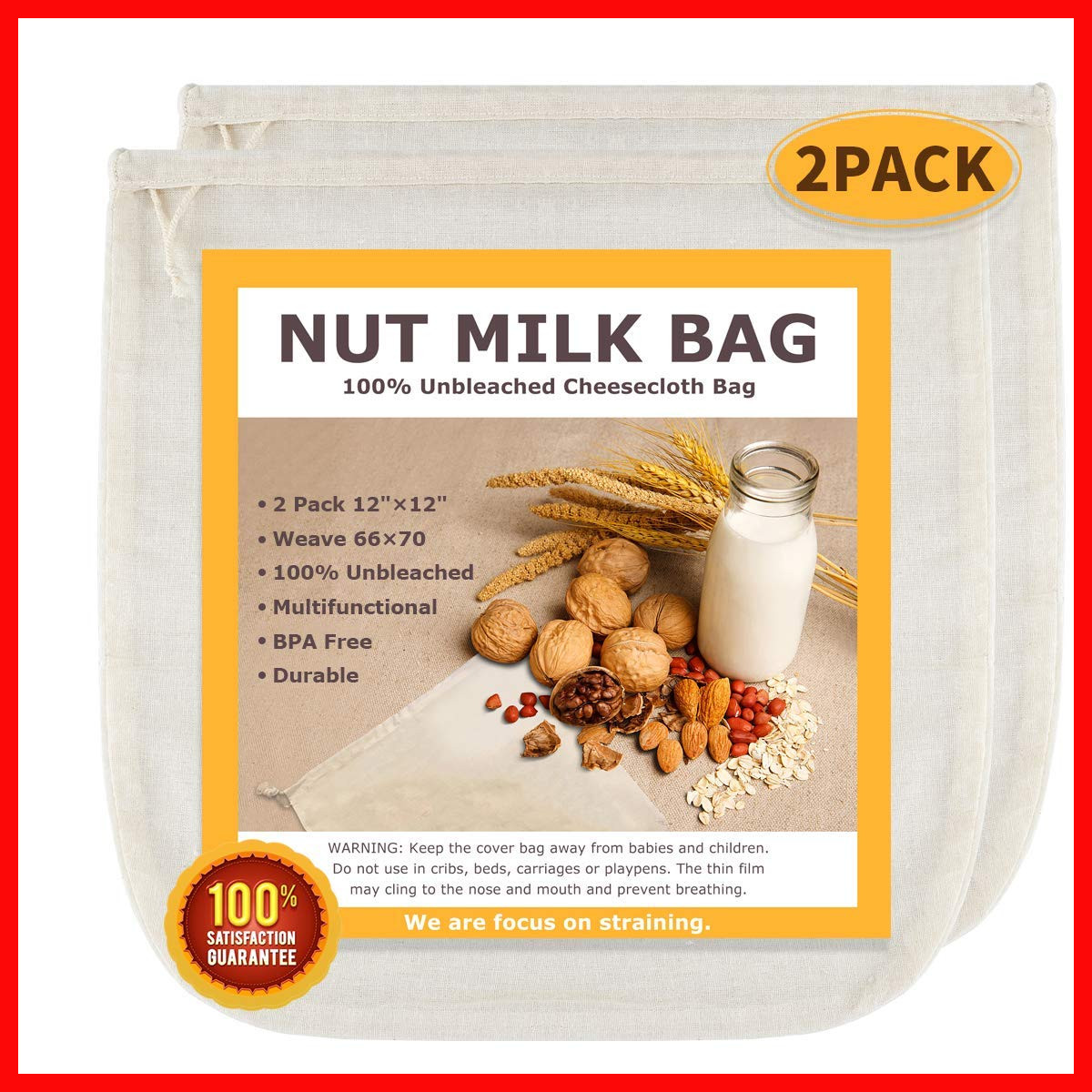 Scengclos Nut Milk Bags All Natural Cheesecloth Bags 12X12 2 Pack 100