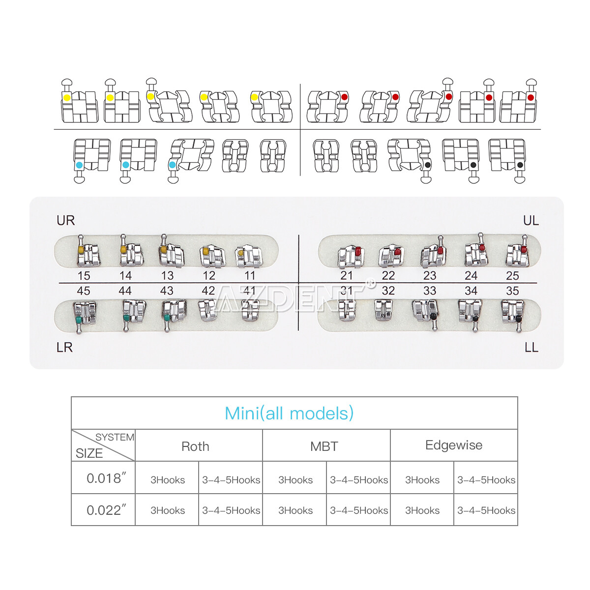 10X AZDENT Dental Ortho Brackets Mini/Standard MBT/Roth 022/018 Hooks 3 4 5