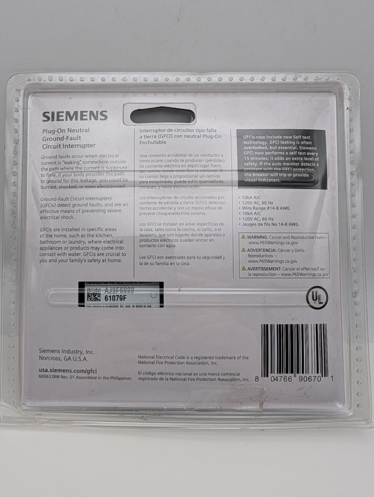 Siemens Plug-On Neutral Ground-Fault Circuit Interrupter 15A QF115ANP QPF2N
